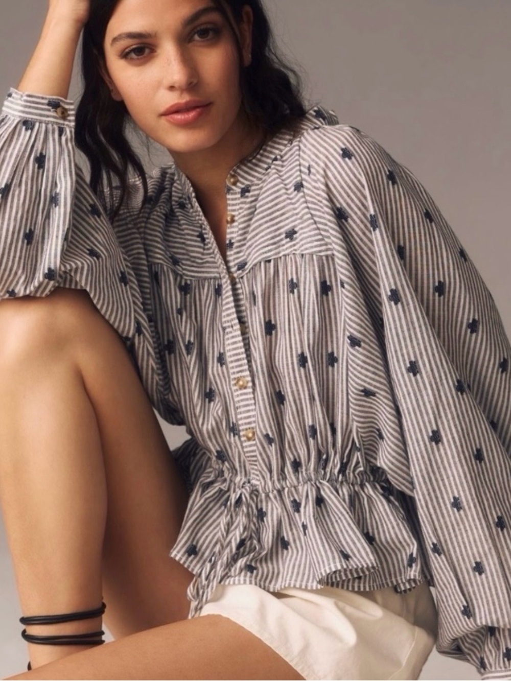 Anthropologie Pilcro Striped Cotton Billowy Sleeve Blouse Button Front L